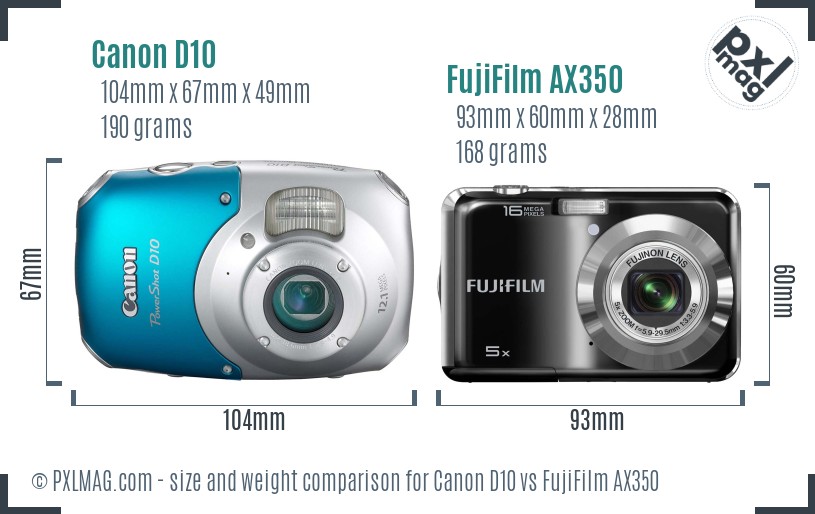 Canon D10 vs FujiFilm AX350 size comparison