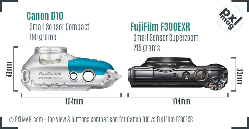Canon D10 vs FujiFilm F300EXR top view buttons comparison