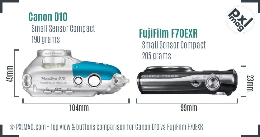 Canon D10 vs FujiFilm F70EXR top view buttons comparison Canon D10 vs FujiFilm F70EXR top view buttons comparison