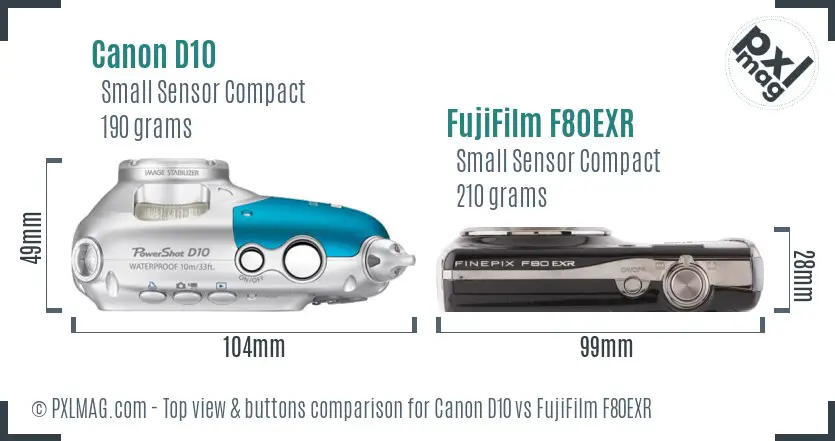 Canon D10 vs FujiFilm F80EXR top view buttons comparison