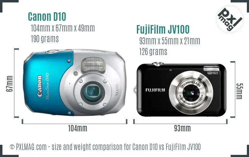 Canon D10 vs FujiFilm JV100 size comparison