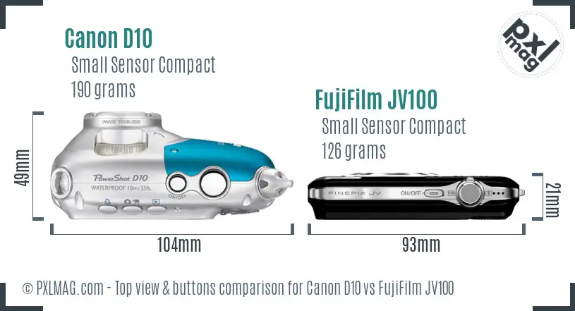 Canon D10 vs FujiFilm JV100 top view buttons comparison