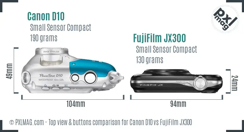 Canon D10 vs FujiFilm JX300 top view buttons comparison Canon D10 vs FujiFilm JX300 top view buttons comparison