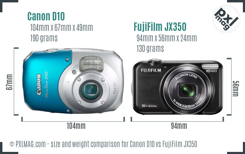 Canon D10 vs FujiFilm JX350 size comparison