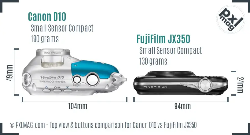 Canon D10 vs FujiFilm JX350 top view buttons comparison