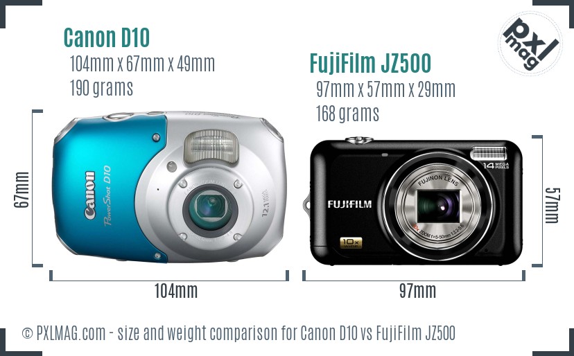 Canon D10 vs FujiFilm JZ500 size comparison Canon D10 vs FujiFilm JZ500 size comparison