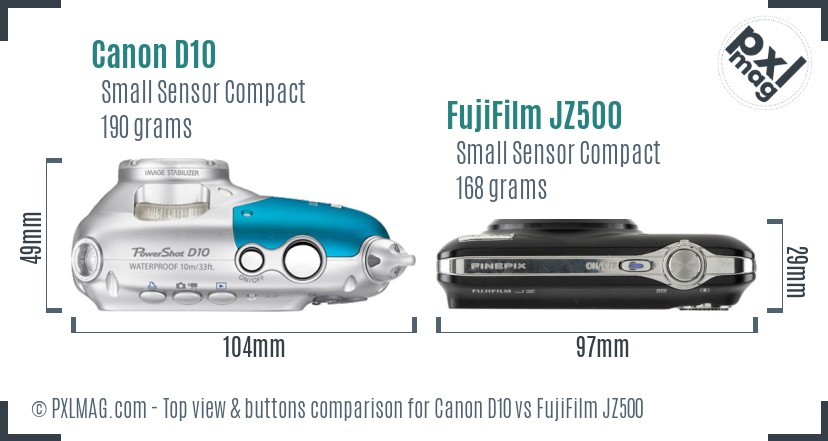 Canon D10 vs FujiFilm JZ500 top view buttons comparison