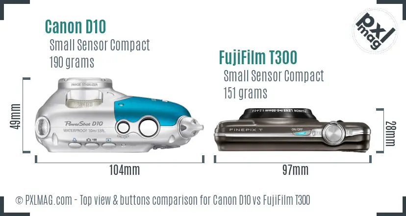 Canon D10 vs FujiFilm T300 top view buttons comparison Canon D10 vs FujiFilm T300 top view buttons comparison