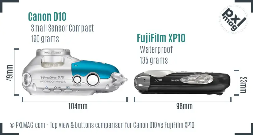 Canon D10 vs FujiFilm XP10 top view buttons comparison