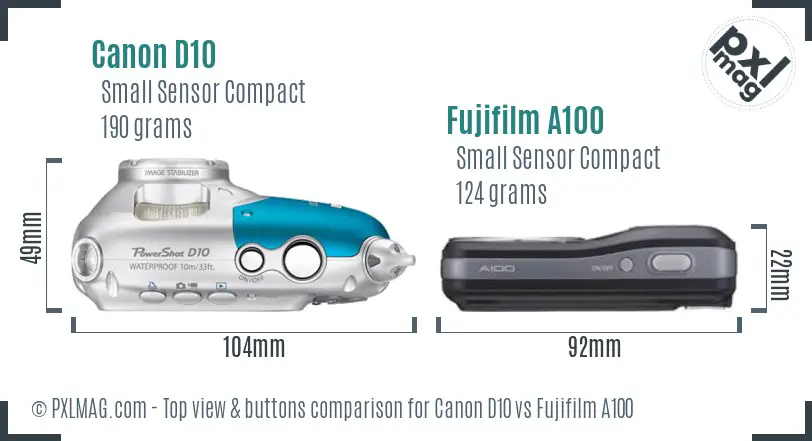 Canon D10 vs Fujifilm A100 top view buttons comparison Canon D10 vs Fujifilm A100 top view buttons comparison