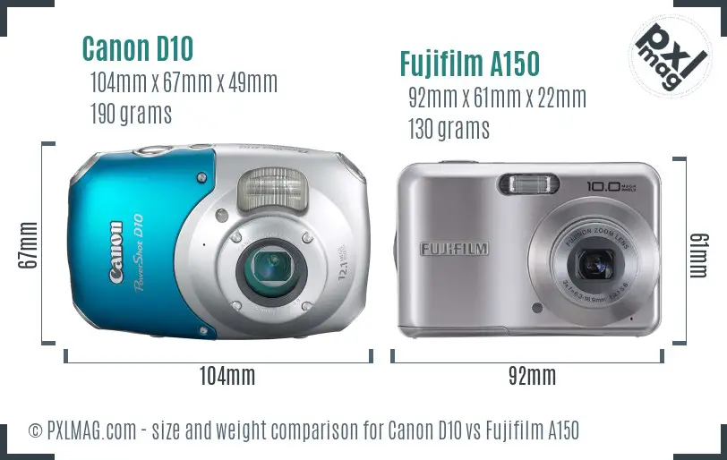 Canon D10 vs Fujifilm A150 size comparison