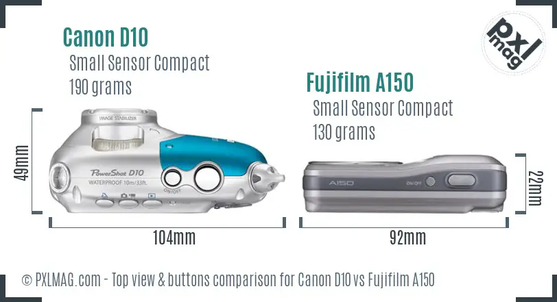 Canon D10 vs Fujifilm A150 top view buttons comparison