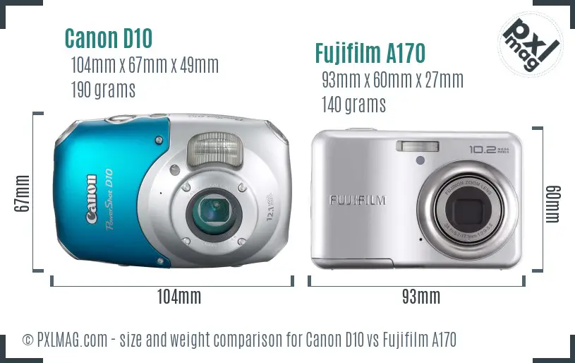 Canon D10 vs Fujifilm A170 size comparison