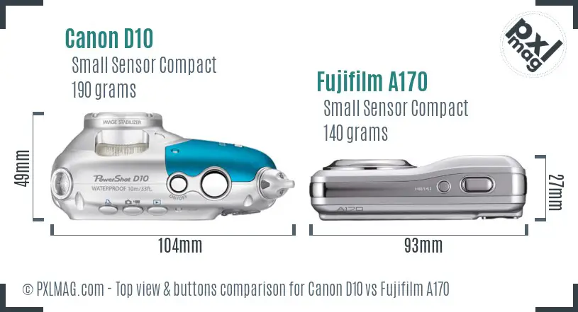 Canon D10 vs Fujifilm A170 top view buttons comparison