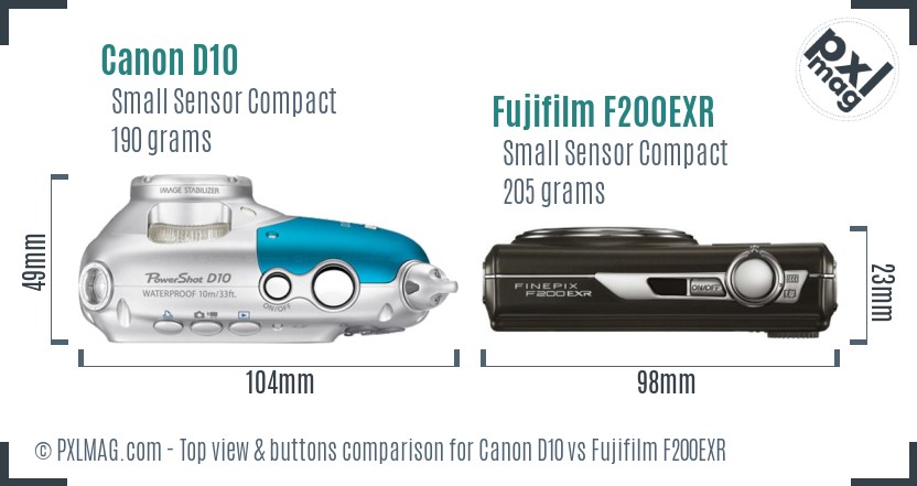 Canon D10 vs Fujifilm F200EXR top view buttons comparison