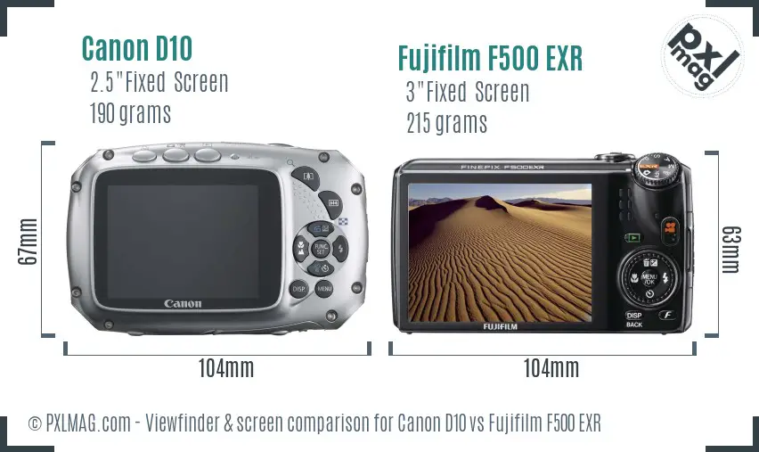 Canon D10 vs Fujifilm F500 EXR Screen and Viewfinder comparison