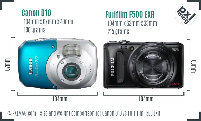 Canon D10 vs Fujifilm F500 EXR size comparison