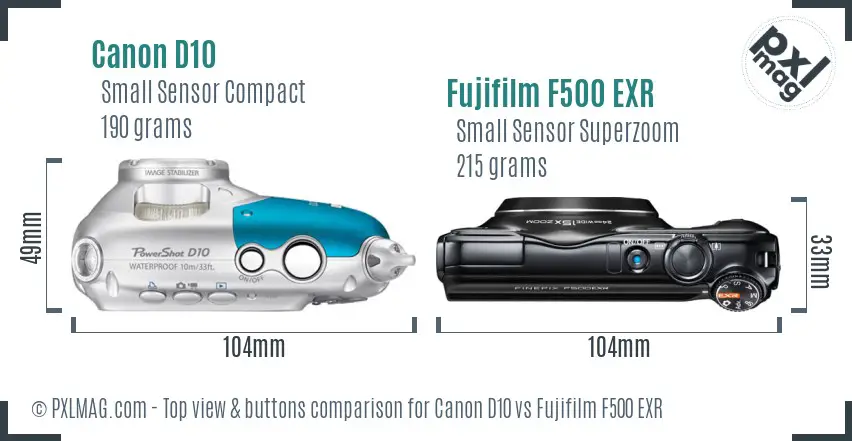 Canon D10 vs Fujifilm F500 EXR top view buttons comparison