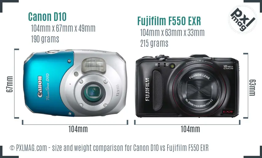 Canon D10 vs Fujifilm F550 EXR size comparison