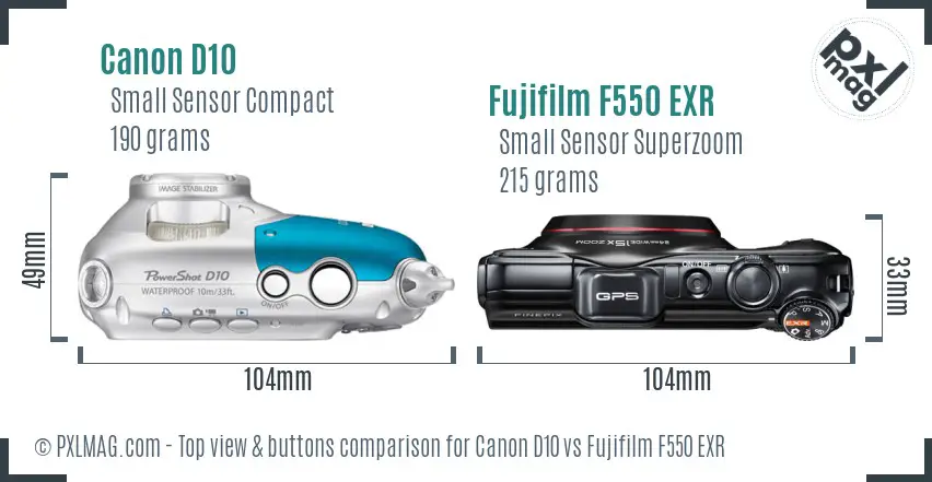 Canon D10 vs Fujifilm F550 EXR top view buttons comparison