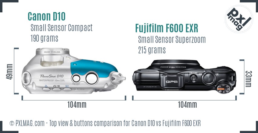 Canon D10 vs Fujifilm F600 EXR top view buttons comparison