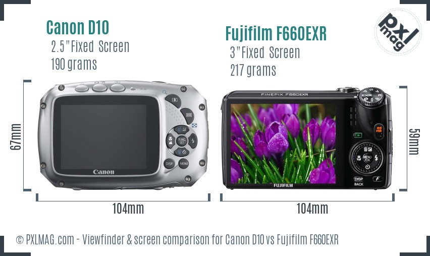 Canon D10 vs Fujifilm F660EXR Screen and Viewfinder comparison
