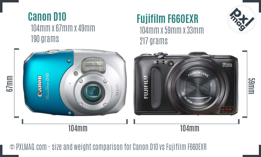 Canon D10 vs Fujifilm F660EXR size comparison