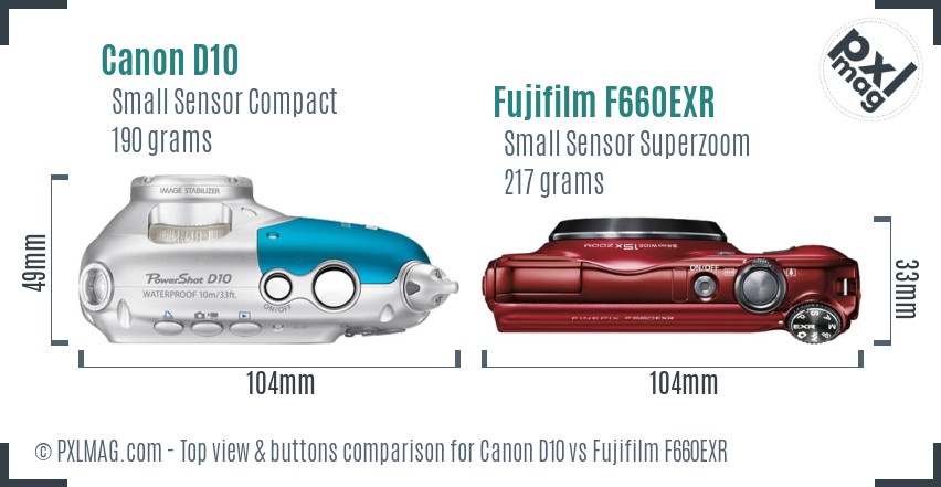 Canon D10 vs Fujifilm F660EXR top view buttons comparison