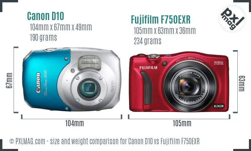 Canon D10 vs Fujifilm F750EXR size comparison