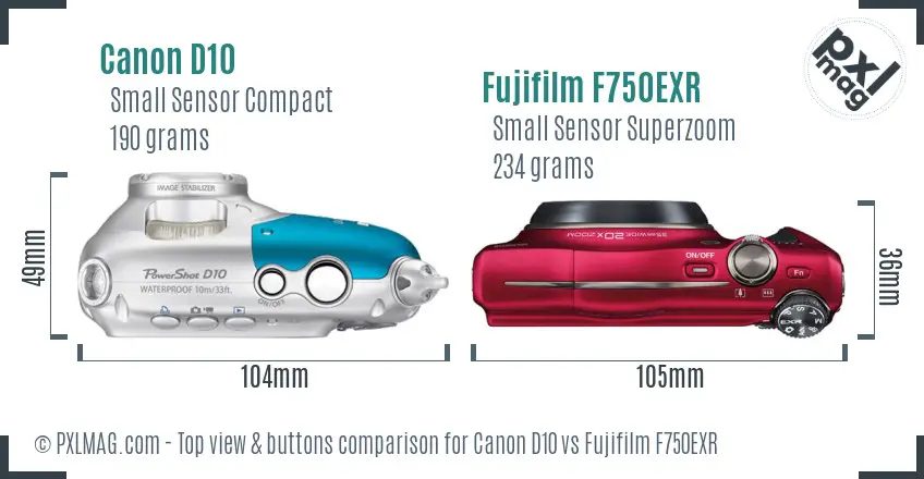 Canon D10 vs Fujifilm F750EXR top view buttons comparison
