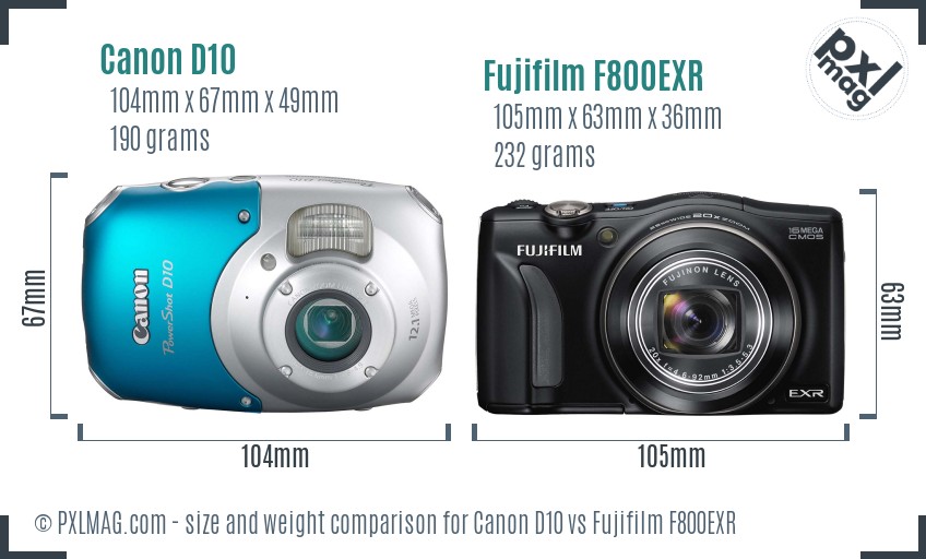 Canon D10 vs Fujifilm F800EXR size comparison