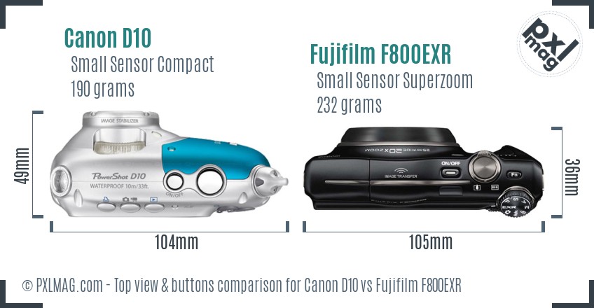 Canon D10 vs Fujifilm F800EXR top view buttons comparison