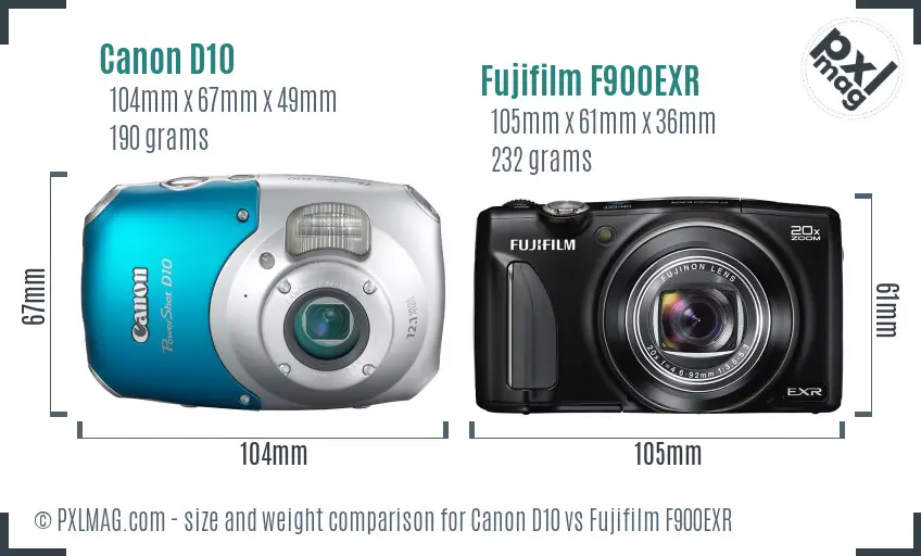 Canon D10 vs Fujifilm F900EXR size comparison