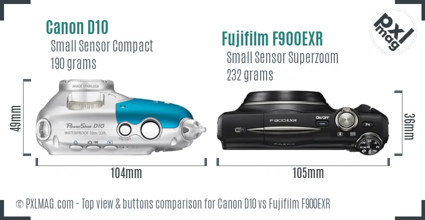 Canon D10 vs Fujifilm F900EXR top view buttons comparison