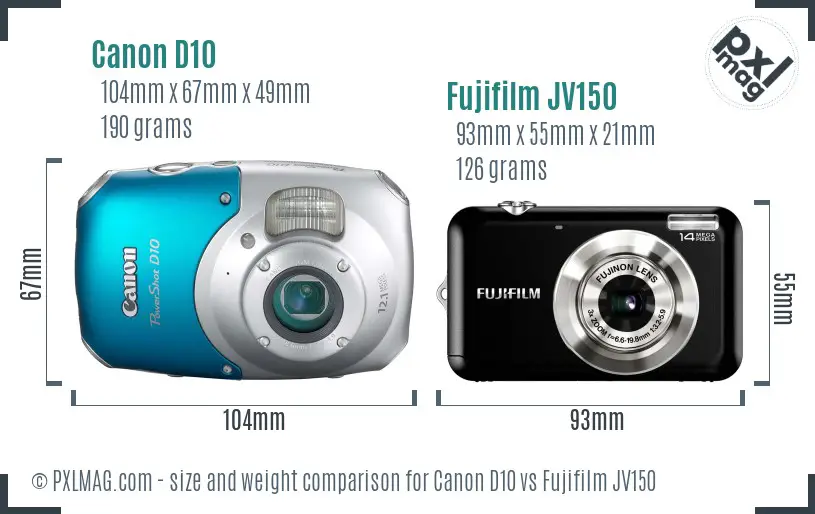 Canon D10 vs Fujifilm JV150 size comparison