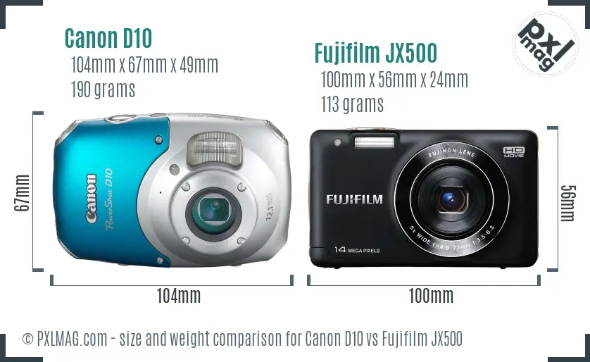Canon D10 vs Fujifilm JX500 size comparison