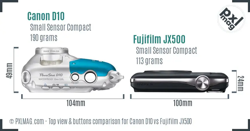 Canon D10 vs Fujifilm JX500 top view buttons comparison