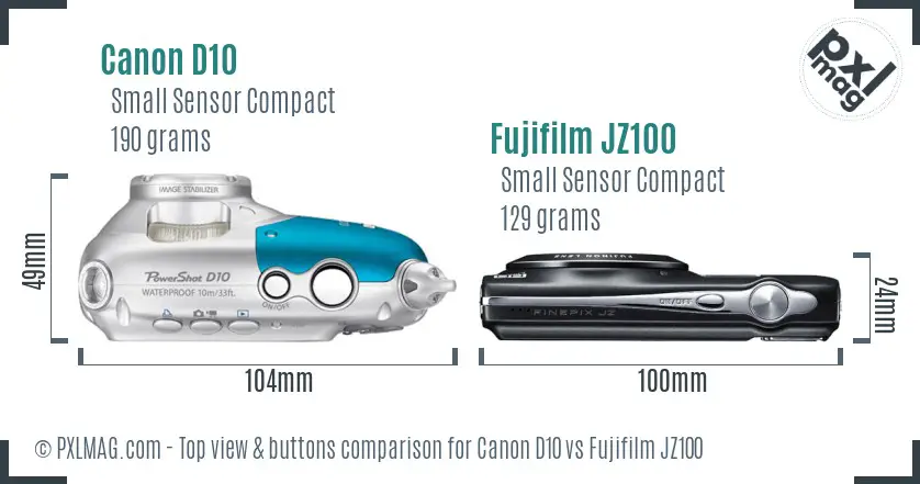 Canon D10 vs Fujifilm JZ100 top view buttons comparison