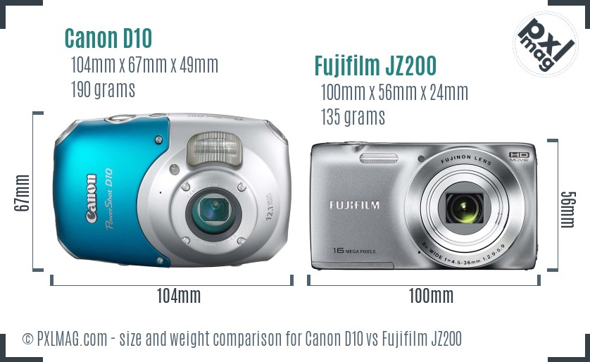 Canon D10 vs Fujifilm JZ200 size comparison