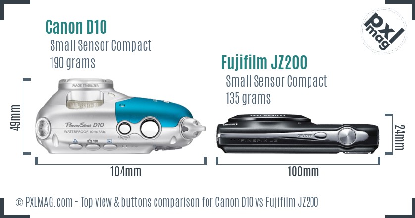 Canon D10 vs Fujifilm JZ200 top view buttons comparison
