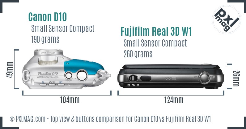 Canon D10 vs Fujifilm Real 3D W1 top view buttons comparison
