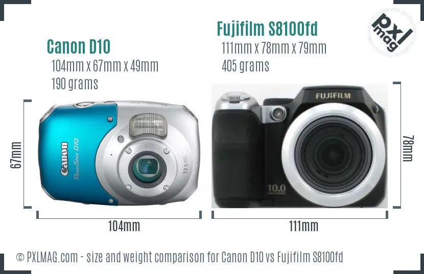 Canon D10 vs Fujifilm S8100fd size comparison