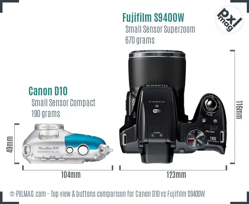Canon D10 vs Fujifilm S9400W top view buttons comparison