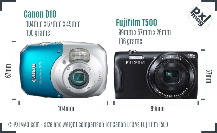 Canon D10 vs Fujifilm T500 size comparison