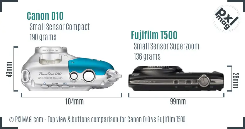 Canon D10 vs Fujifilm T500 top view buttons comparison