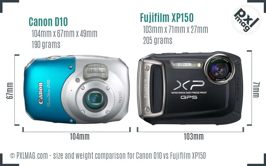 Canon D10 vs Fujifilm XP150 size comparison