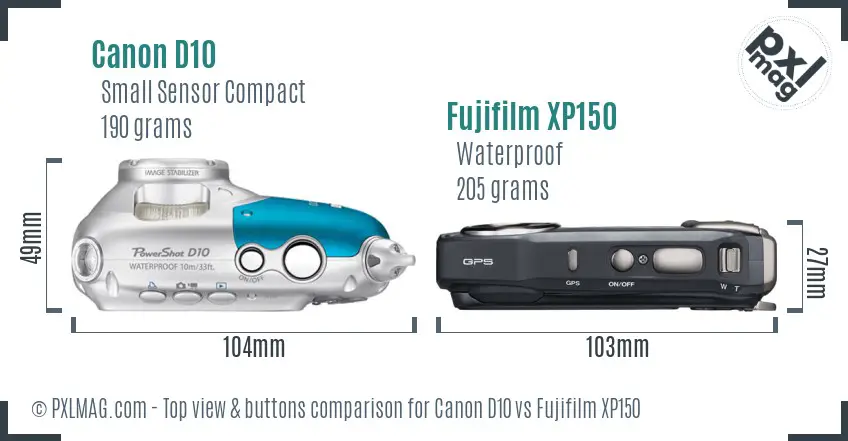 Canon D10 vs Fujifilm XP150 top view buttons comparison