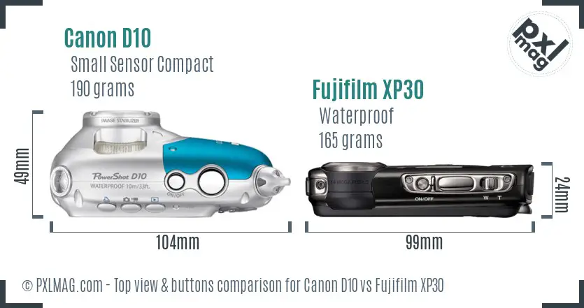 Canon D10 vs Fujifilm XP30 top view buttons comparison