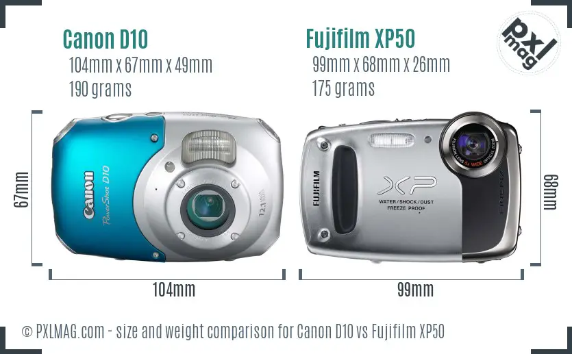 Canon D10 vs Fujifilm XP50 size comparison