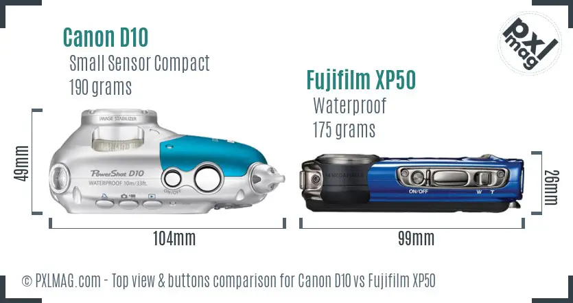 Canon D10 vs Fujifilm XP50 top view buttons comparison